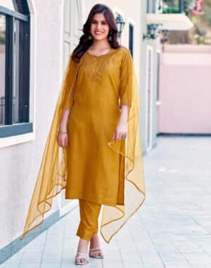 Mustard Yellow Silk Embroidery Straight Kurta Set