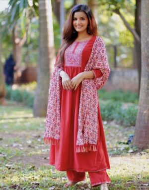 Orange Flared Kurta With Pant And Dupatta